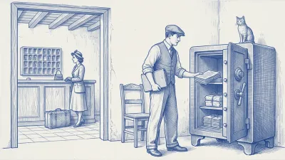 Azulejo en azul cobalto: en la trastienda, el gestor guarda unos documentos en una caja fuerte antigua abierta donde ya reposan varios legajos atados; el gato vigila desde encima de la caja y, por la puerta, la huésped espera en el mostrador junto a su maleta
