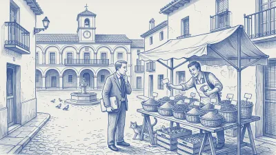 A property manager with a folder under his arm thoughtfully watches a spice stall in a Spanish village square while the stallholder swaps the baskets' price flags; a cat walks past the stall