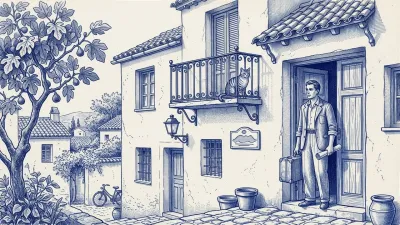 Un viajero con maleta se detiene en la puerta de una villa española al atardecer; un gato observa desde el balcón