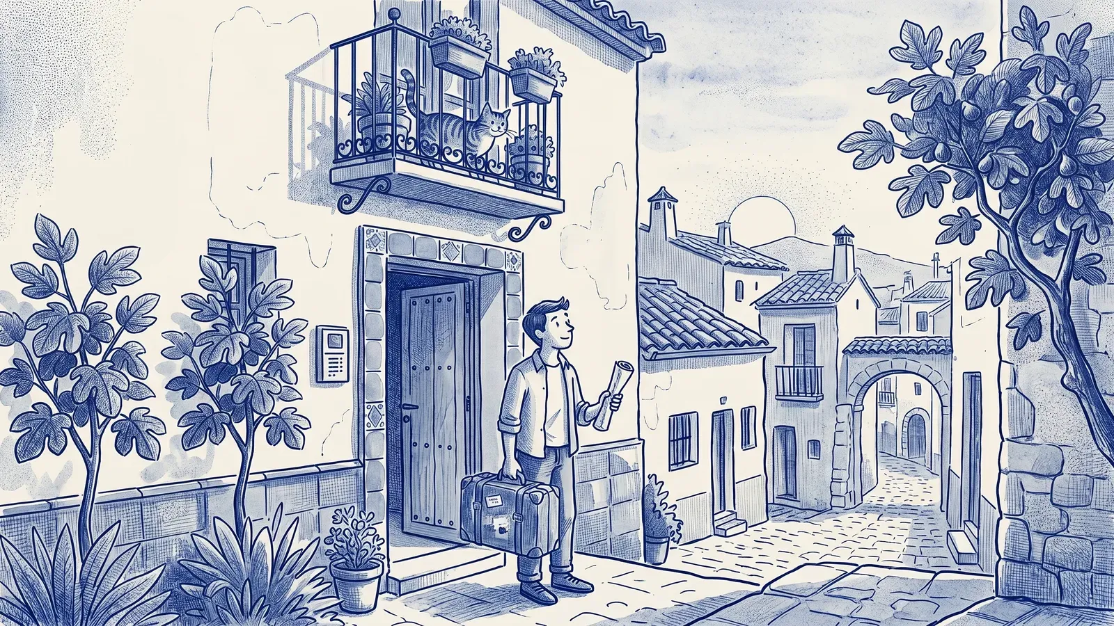 A traveler with a suitcase pauses at the door of a whitewashed Spanish villa at golden hour; a cat watches from the balcony
