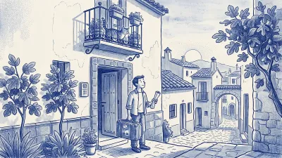 A traveler with a suitcase pauses at the door of a whitewashed Spanish villa at golden hour; a cat watches from the balcony