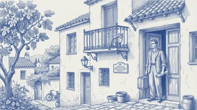 A traveler with a suitcase pauses at the door of a whitewashed Spanish villa at golden hour; a cat watches from the balcony