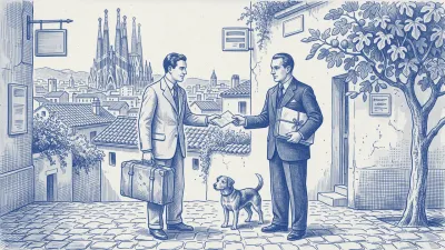 Azulejo en azul cobalto: ante el perfil de Barcelona con la Sagrada Família, un viajero con maleta entrega un papel a un funcionario que sostiene un expediente atado; un perro a sus pies