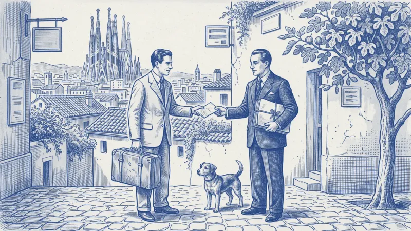 Azulejo en azul cobalto: ante el perfil de Barcelona con la Sagrada Família, un viajero con maleta entrega un papel a un funcionario que sostiene un expediente atado; un perro a sus pies