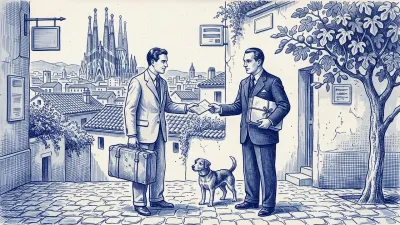 Azulejo en azul cobalto: ante el perfil de Barcelona con la Sagrada Família, un viajero con maleta entrega un papel a un funcionario que sostiene un expediente atado; un perro a sus pies