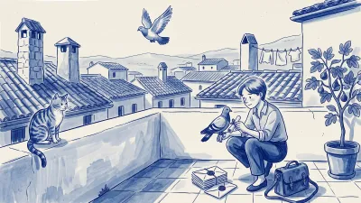 A character ties a sealed letter to a pigeon perched on a Spanish rooftop wall; another pigeon flies over the rooftops and a cat watches from the parapet