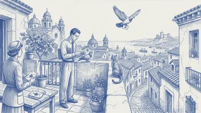 A character ties a sealed letter to a pigeon perched on a Spanish rooftop wall; another pigeon flies over the rooftops and a cat watches from the parapet