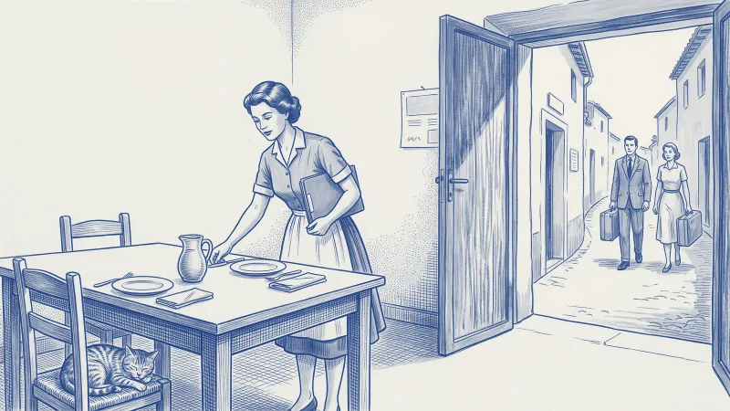 Cobalt-blue azulejo: through the doorway of a whitewashed Spanish house, a manager sets a table with two places while, down the alley, two guests with suitcases are still walking toward the house; a cat sleeps on one chair