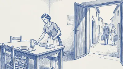 Cobalt-blue azulejo: through the doorway of a whitewashed Spanish house, a manager sets a table with two places while, down the alley, two guests with suitcases are still walking toward the house; a cat sleeps on one chair