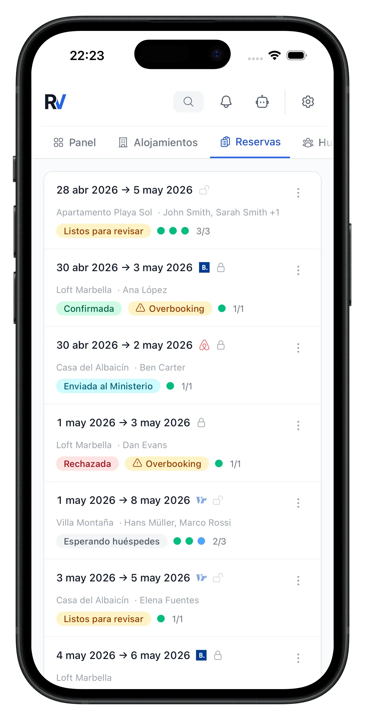 Reservations list with source platforms and statuses