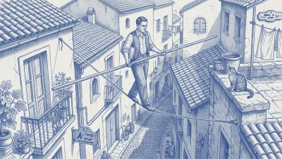 A tightrope walker crosses between terracotta rooftops on a clothesline, steadied by a blue balance pole; a narrow Spanish street far below