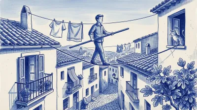 A tightrope walker crosses between terracotta rooftops on a clothesline, steadied by a blue balance pole; a narrow Spanish street far below