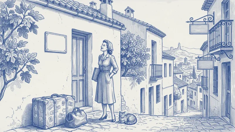 Azulejo cobalto sobre blanco: una propietaria, recién llegada con un baúl de viaje lleno de etiquetas, contempla satisfecha una placa recién montada junto a su puerta; un gato a sus pies y tejados españoles al fondo