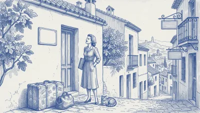 Azulejo cobalto sobre blanco: una propietaria, recién llegada con un baúl de viaje lleno de etiquetas, contempla satisfecha una placa recién montada junto a su puerta; un gato a sus pies y tejados españoles al fondo