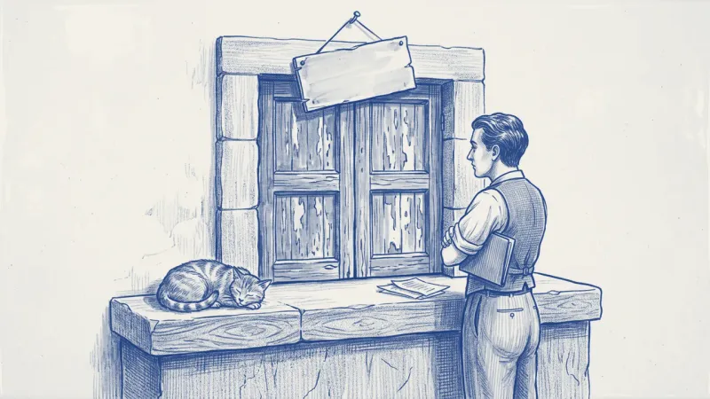 A manager with her papers and blue folder waits in resignation at an official stone counter window, shutters closed and a blank sign hanging crooked; a cat sleeps on the ledge