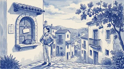 A manager with her papers and blue folder waits in resignation at an official stone counter window, shutters closed and a blank sign hanging crooked; a cat sleeps on the ledge