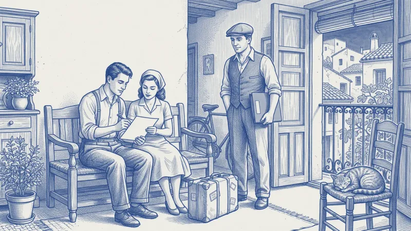 In the sunlit room of a Spanish home, a young couple sign a paper at a wooden table while an older host, glasses on and a folder under her arm, looks on; a blue leather suitcase rests on the terracotta floor beside them; a cat sleeps on a chair