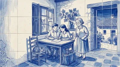 In the sunlit room of a Spanish home, a young couple sign a paper at a wooden table while an older host, glasses on and a folder under her arm, looks on; a blue leather suitcase rests on the terracotta floor beside them; a cat sleeps on a chair