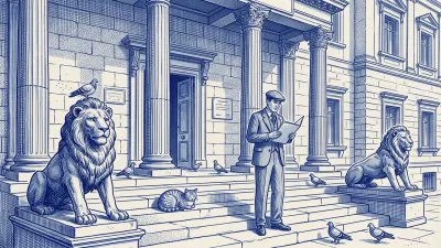 Un gestor con carpeta azul lee un fallo con alivio en la escalinata de un juzgado flanqueada por leones de piedra; un gato y unas palomas en los escalones