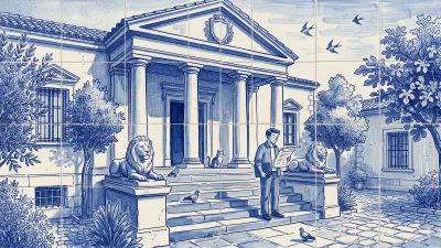 A manager with a blue folder reads a ruling with relief on the lion-flanked steps of a Spanish courthouse; a cat and pigeons on the stairs