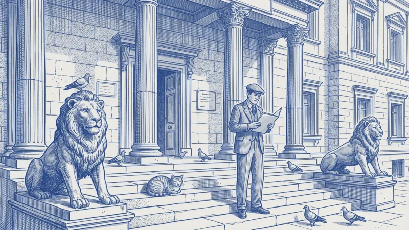 A manager with a blue folder reads a ruling with relief on the lion-flanked steps of a Spanish courthouse; a cat and pigeons on the stairs