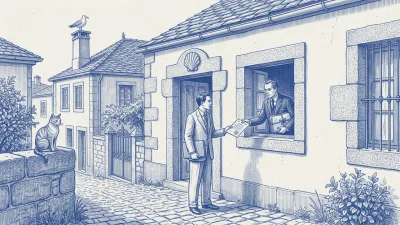 A manager with a blue folder receives a document through the stone window of a slate-roofed Galician building; a carved scallop shell above, an octopus tile and a seagull overhead