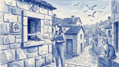 A manager with a blue folder receives a document through the stone window of a slate-roofed Galician building; a carved scallop shell above, an octopus tile and a seagull overhead