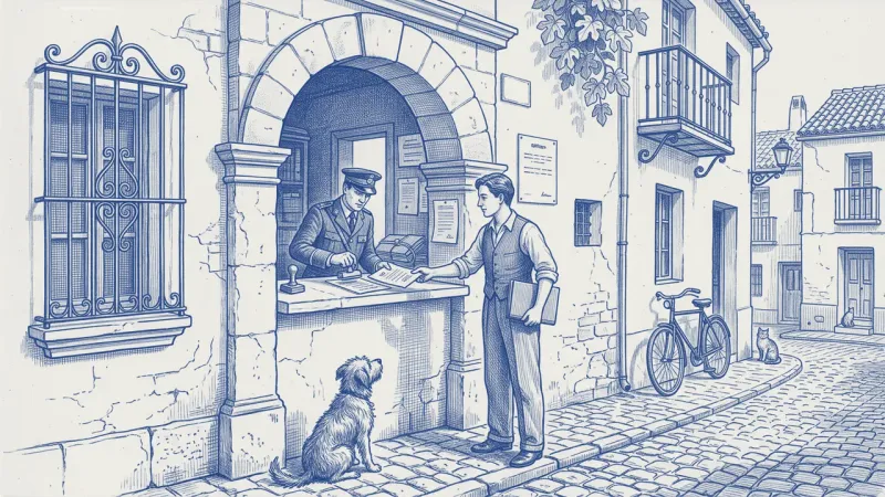 A manager with a blue folder hands a document through a stone counter window where a uniformed hand stamps it; a shaggy dog watches from his side