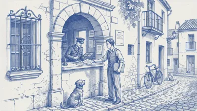 A manager with a blue folder hands a document through a stone counter window where a uniformed hand stamps it; a shaggy dog watches from his side