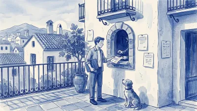 A manager with a blue folder hands a document through a stone counter window where a uniformed hand stamps it; a shaggy dog watches from his side