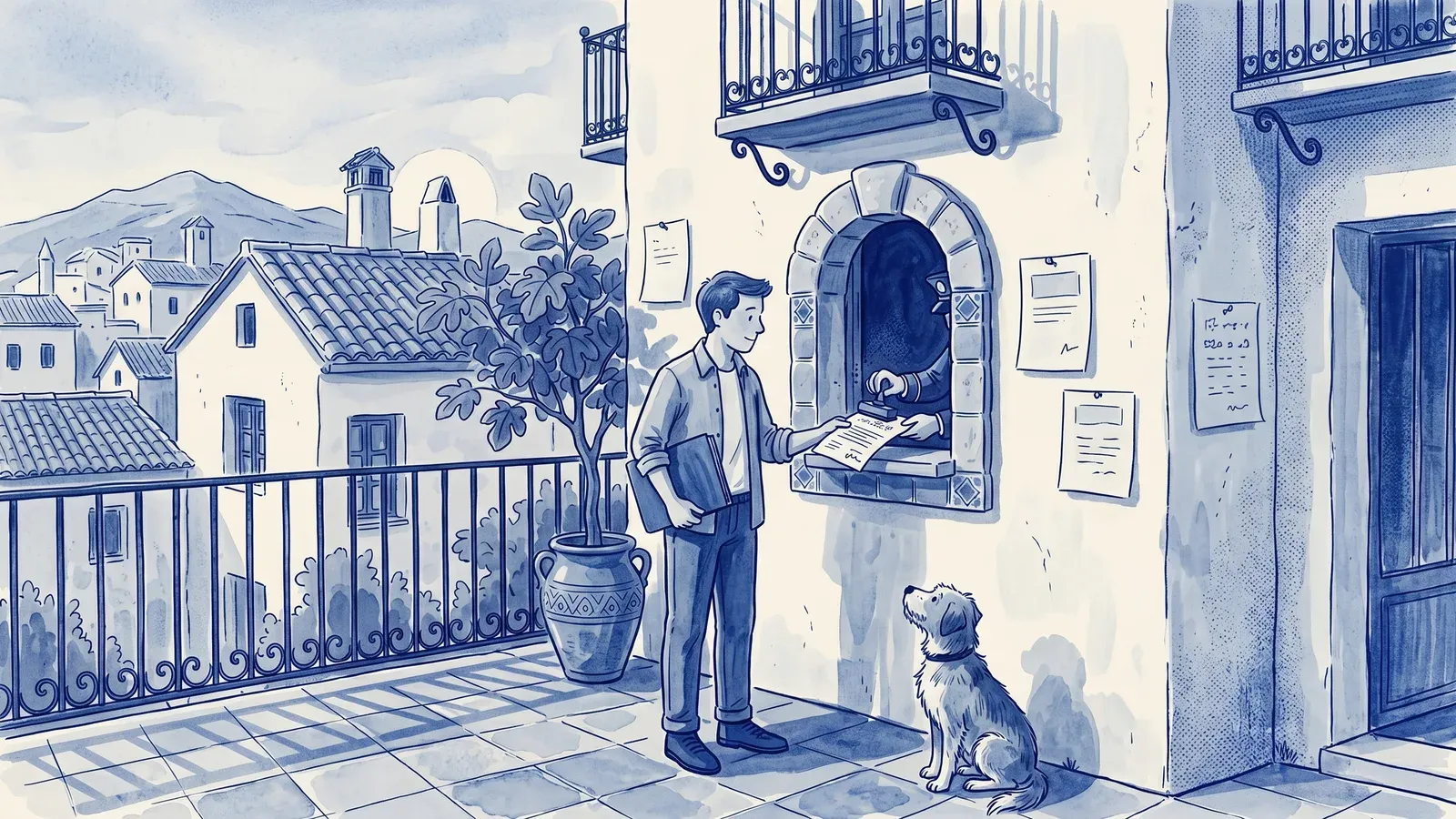 A manager with a blue folder hands a document through a stone counter window where a uniformed hand stamps it; a shaggy dog watches from his side