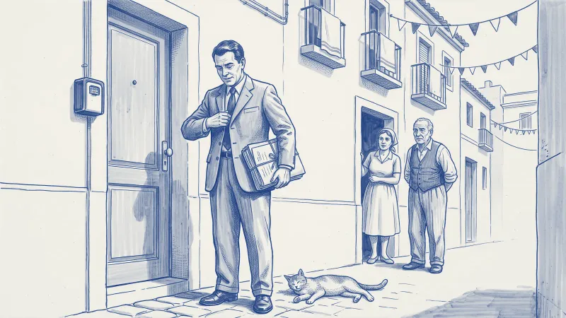 Azulejo en azul cobalto: en una calle de pueblo costero con banderines y toallas tendidas, un funcionario con expediente atado llama a una puerta con caja de llaves; dos vecinos observan desde un portal y un gato descansa en los adoquines