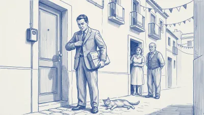 Azulejo en azul cobalto: en una calle de pueblo costero con banderines y toallas tendidas, un funcionario con expediente atado llama a una puerta con caja de llaves; dos vecinos observan desde un portal y un gato descansa en los adoquines