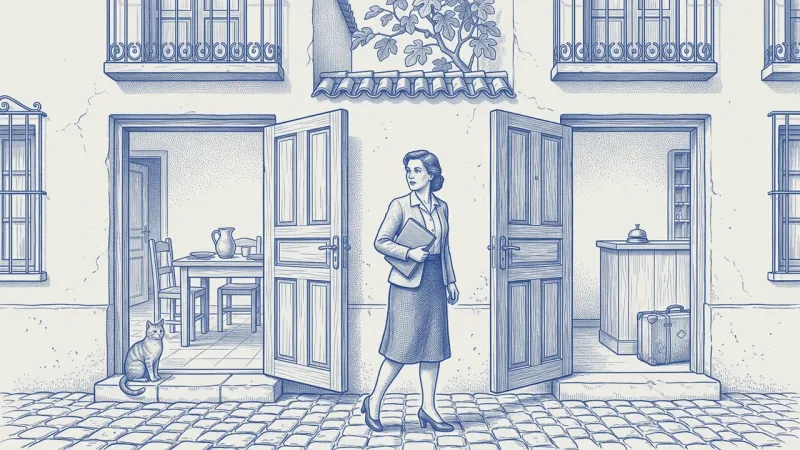 Azulejo en azul cobalto: una misma fachada con dos puertas contiguas abiertas, a la izquierda la mesa puesta de una casa de familia y a la derecha el mostrador de un alojamiento con su timbre y una maleta; entre las dos, la gestora con su carpeta mira de una puerta a la otra mientras el gato observa desde el escalón