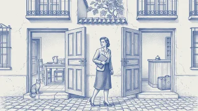 Azulejo en azul cobalto: una misma fachada con dos puertas contiguas abiertas, a la izquierda la mesa puesta de una casa de familia y a la derecha el mostrador de un alojamiento con su timbre y una maleta; entre las dos, la gestora con su carpeta mira de una puerta a la otra mientras el gato observa desde el escalón