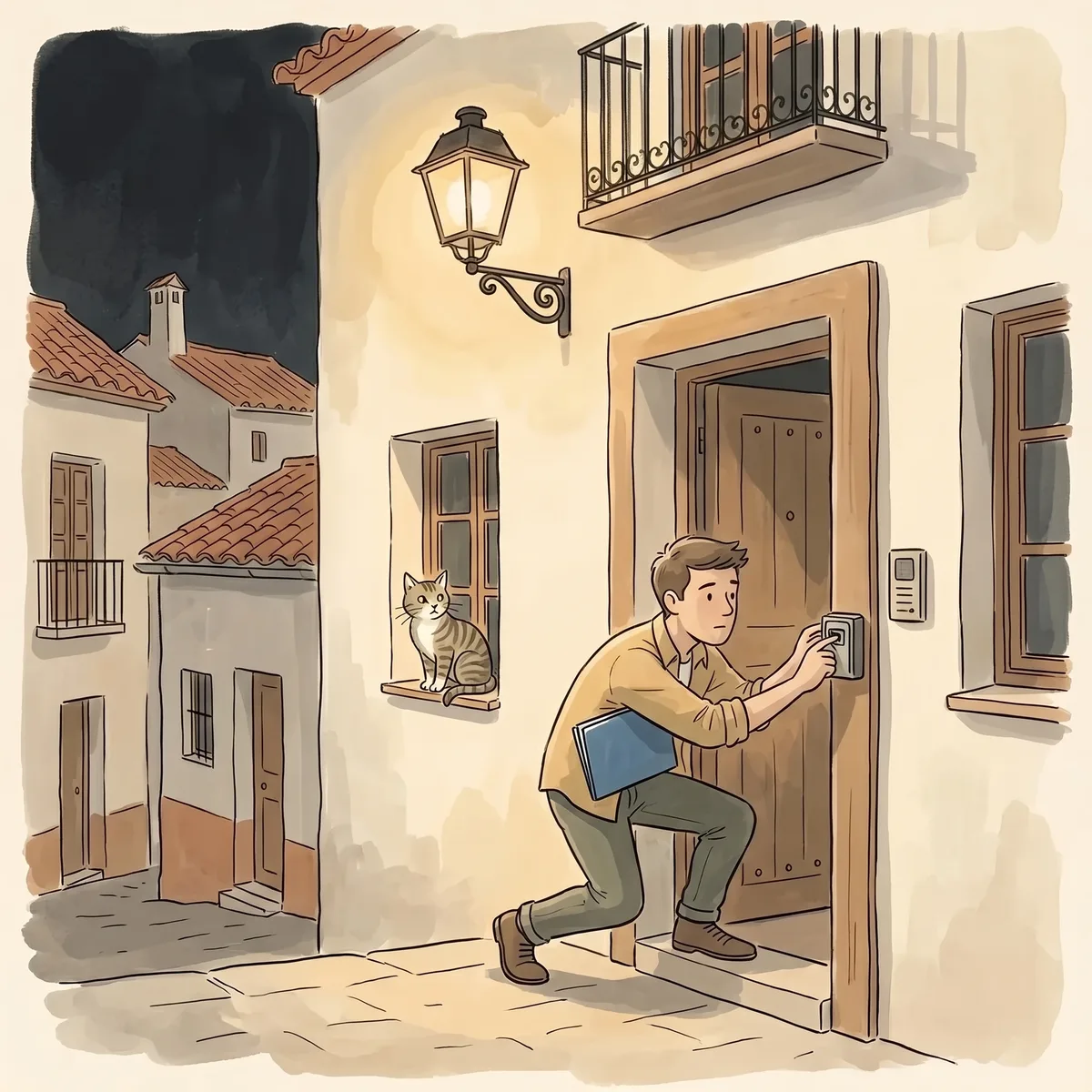 De noche, bajo un farol, un gestor con carpeta azul coloca a escondidas una caja de llaves en el lateral del marco de una puerta, mirando de reojo; un gato lo observa desde una ventana