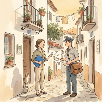 Una gestora con carpeta azul intercambia sobres con el cartero en una calle española: él le devuelve uno de su cartera y ella le entrega el corregido; un gato observa desde el portal