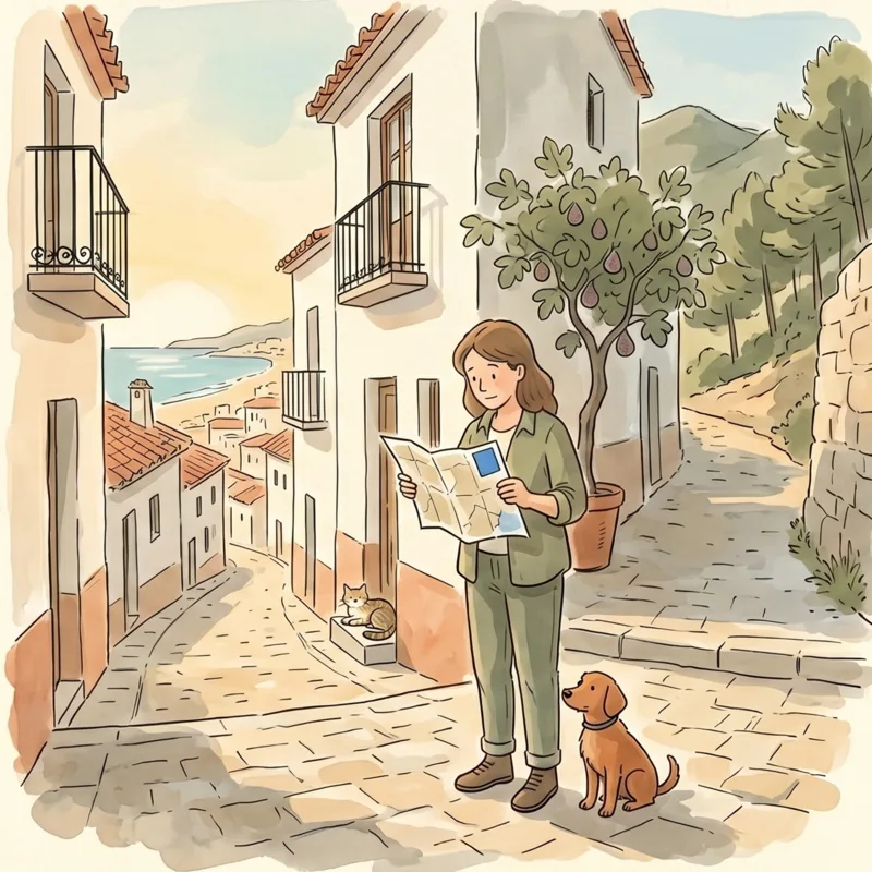 Un viajero estudia un mapa en un cruce donde un camino baja a la costa mediterránea y otro sube a colinas de pinos; un perro espera a sus pies