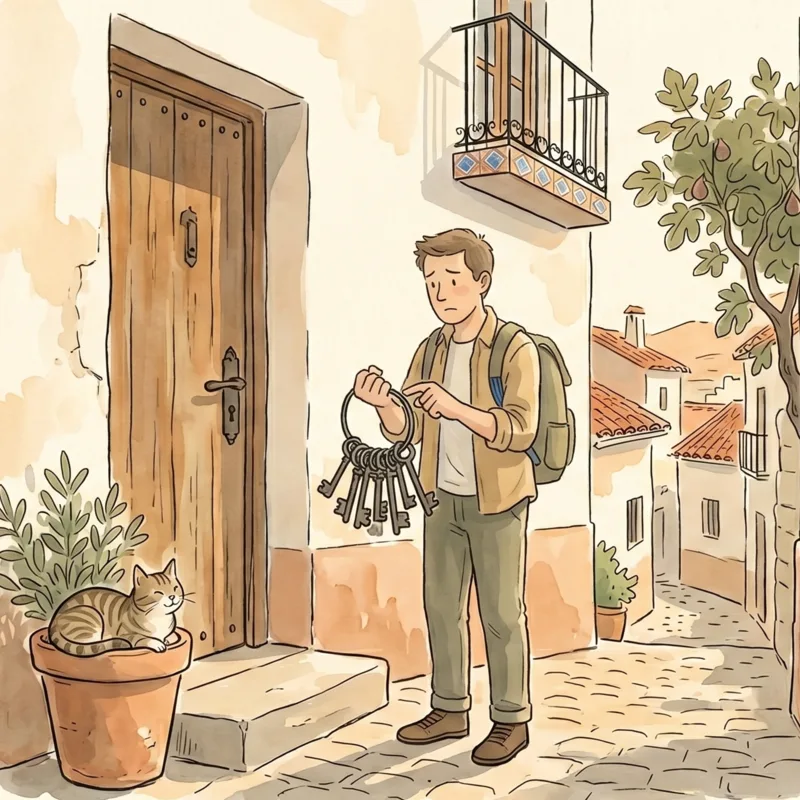 A traveler at a heavy Spanish wooden door with three large iron keys floating in an arc around their hand; a cat watches from a flowerpot
