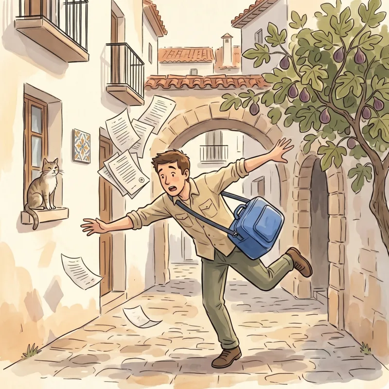 Ilustración editorial: un viajero estudia una pared de casilleros de madera, dos de ellos con un suave resplandor naranja; expresa curiosidad serena mientras sostiene un sobre