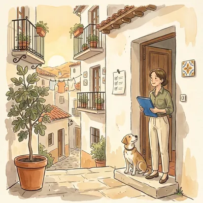 Una gestora con carpeta azul en el umbral de una casa encalada, con una lista de marcas junto a la puerta y un perro mirándola desde el escalón; un callejón con balcones al fondo