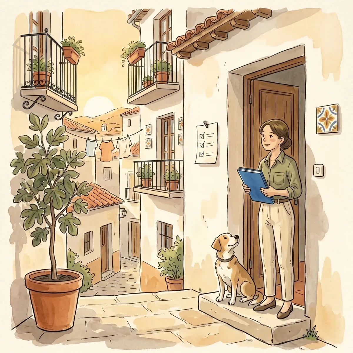 Una gestora con carpeta azul en el umbral de una casa encalada, con una lista de marcas junto a la puerta y un perro mirándola desde el escalón; un callejón con balcones al fondo