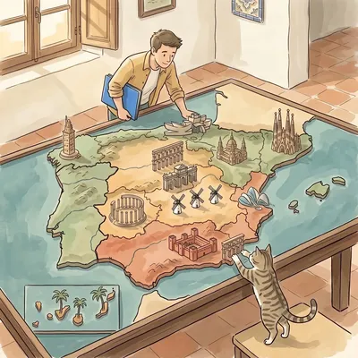 Un gestor con carpeta azul se inclina sobre una mesa cuyo tablero es un mapa en relieve de España a color, con un monumento tallado por cada región; un gato juega con uno de ellos en el borde y, en un recuadro, las Islas Canarias aparecen con palmeras