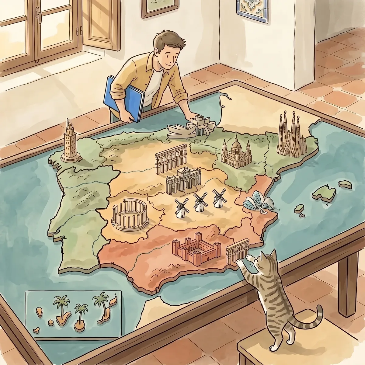 Un gestor con carpeta azul se inclina sobre una mesa cuyo tablero es un mapa en relieve de España a color, con un monumento tallado por cada región; un gato juega con uno de ellos en el borde y, en un recuadro, las Islas Canarias aparecen con palmeras
