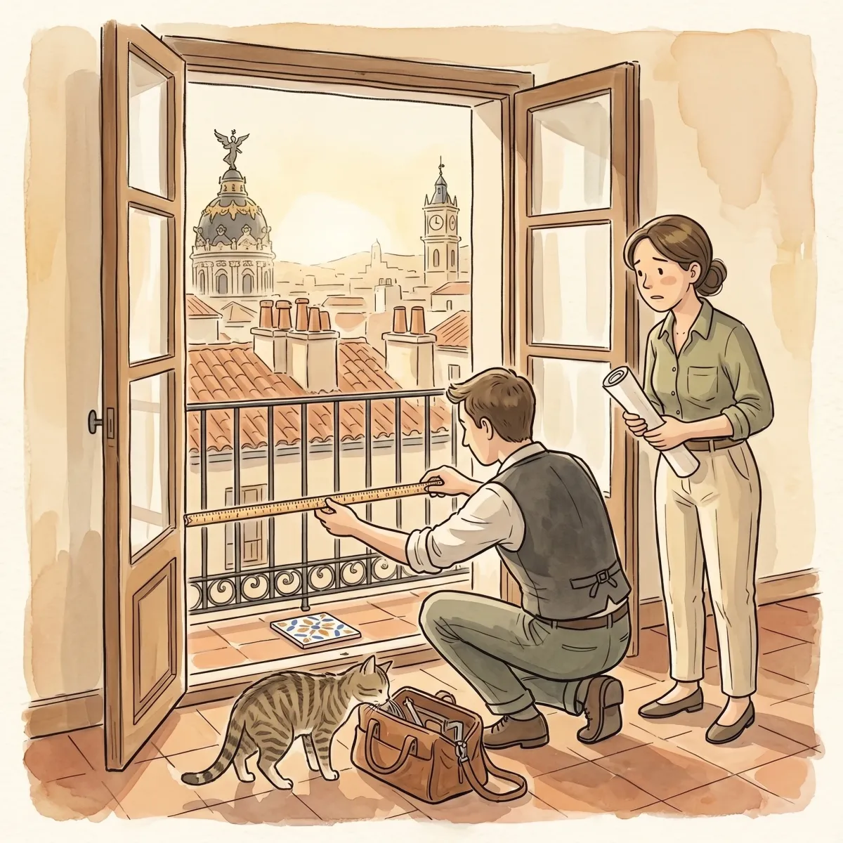 A crouching technician measures a Madrid flat's balcony doorway while the owner watches; beyond the balcony, chimney-pot rooftops and a domed building with a winged statue on the skyline