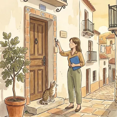 A manager with a blue folder hangs a paper tag beside the door of a Spanish building; a cat watches from the doorstep and a fig tree frames the scene