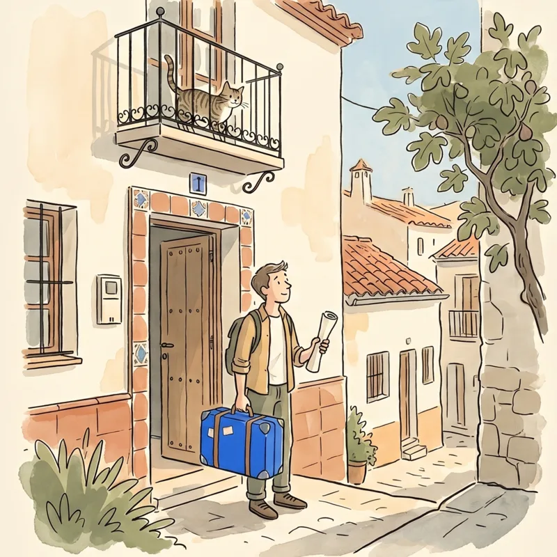 A traveler with a suitcase pauses at the door of a whitewashed Spanish villa at golden hour; a cat watches from the balcony