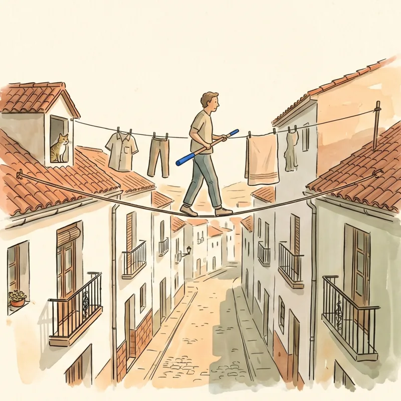 An adult walks along a clothesline strung between terracotta rooftops on a narrow Spanish street