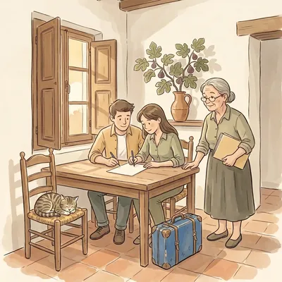 En el salón soleado de una casa española, una pareja joven firma un papel sobre una mesa de madera mientras una anfitriona mayor, con gafas y una carpeta bajo el brazo, los acompaña; una maleta de cuero azul descansa en el suelo de terracota junto a ellos; un gato duerme en una silla