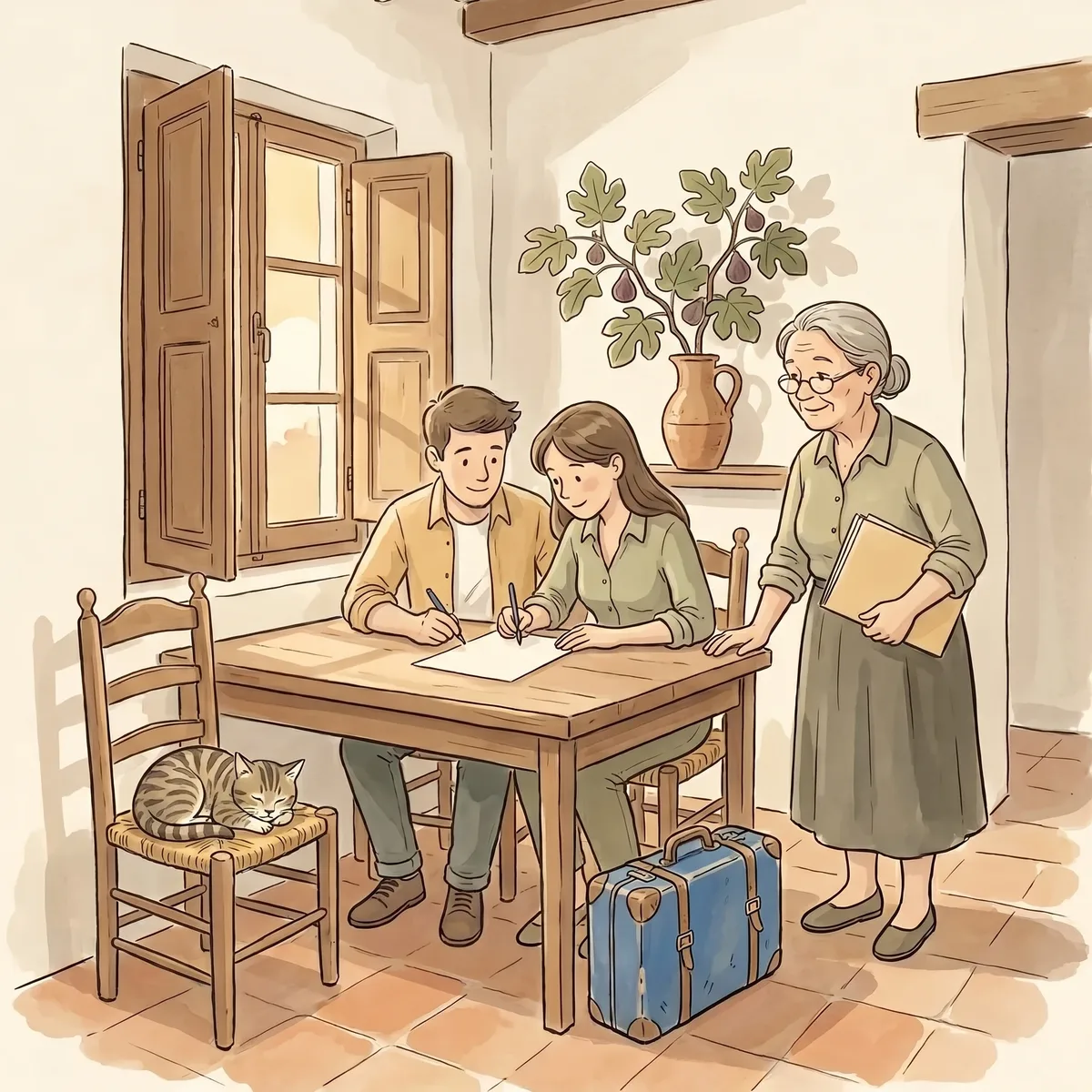 En el salón soleado de una casa española, una pareja joven firma un papel sobre una mesa de madera mientras una anfitriona mayor, con gafas y una carpeta bajo el brazo, los acompaña; una maleta de cuero azul descansa en el suelo de terracota junto a ellos; un gato duerme en una silla